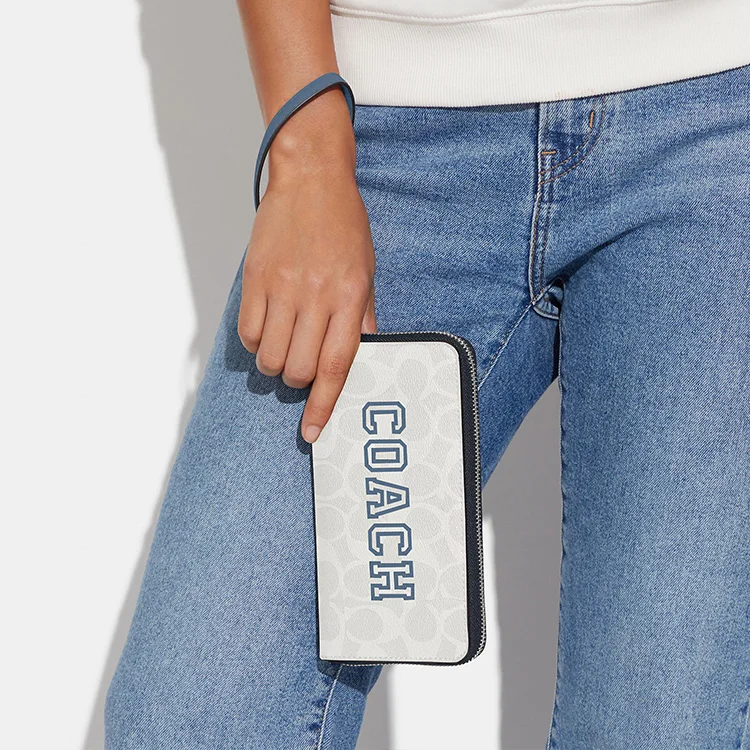 COACH Zip Around Smooth Leather With Coated Canvas Wrist Bag Clutch Wallet Small Women's Chalk White & Indigo CB856-SVUOB view 3