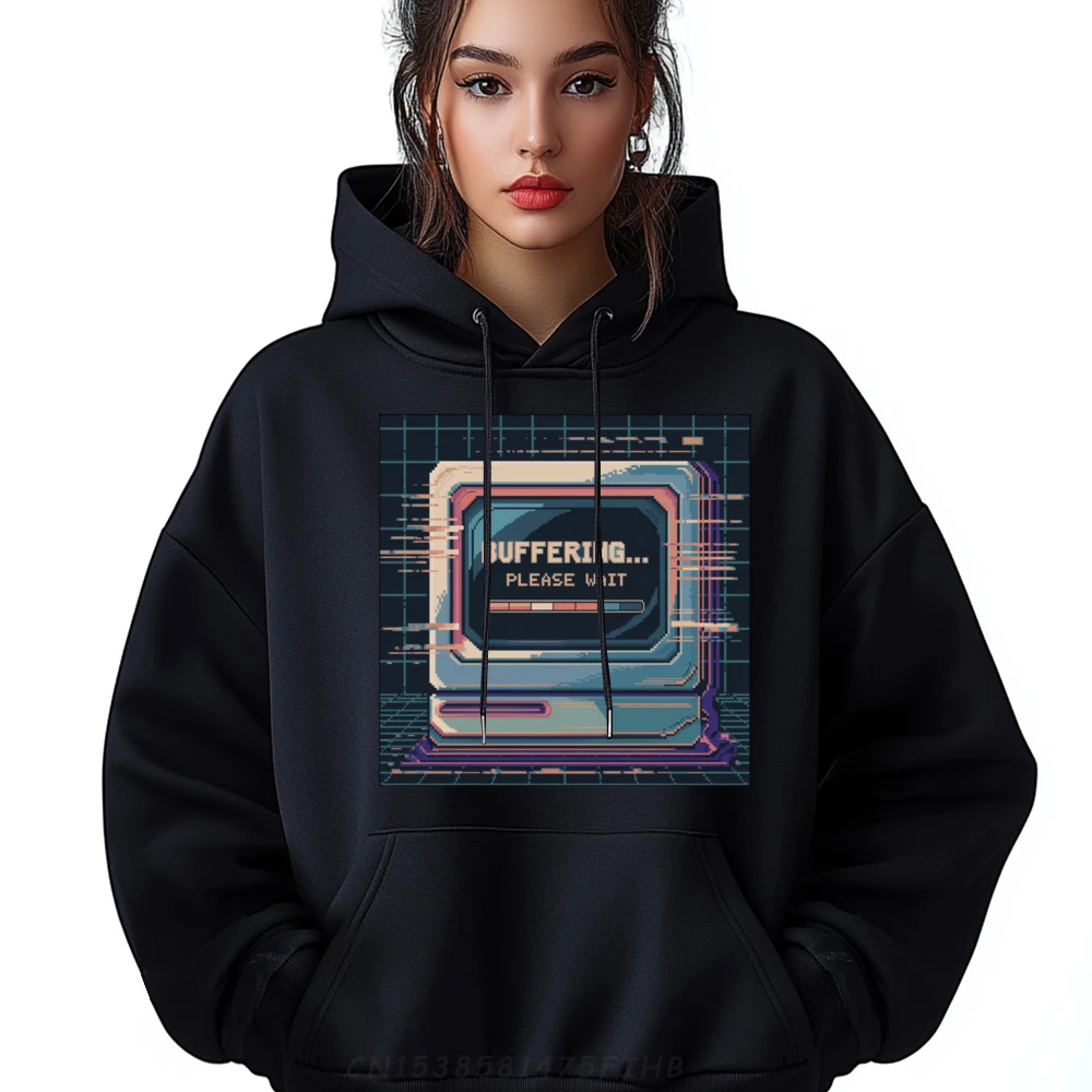 

Buffering Please Wait Pixelated Computer Hoodies Long Sleeve Casual Special Female Lovers Day Hoodies Casual Coats Round Collar