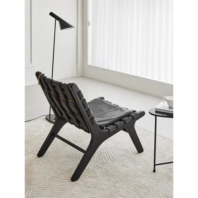 

Leisure chair retro solid wood saddle chair wabi sabi wind woven recliner balcony leisure chair single