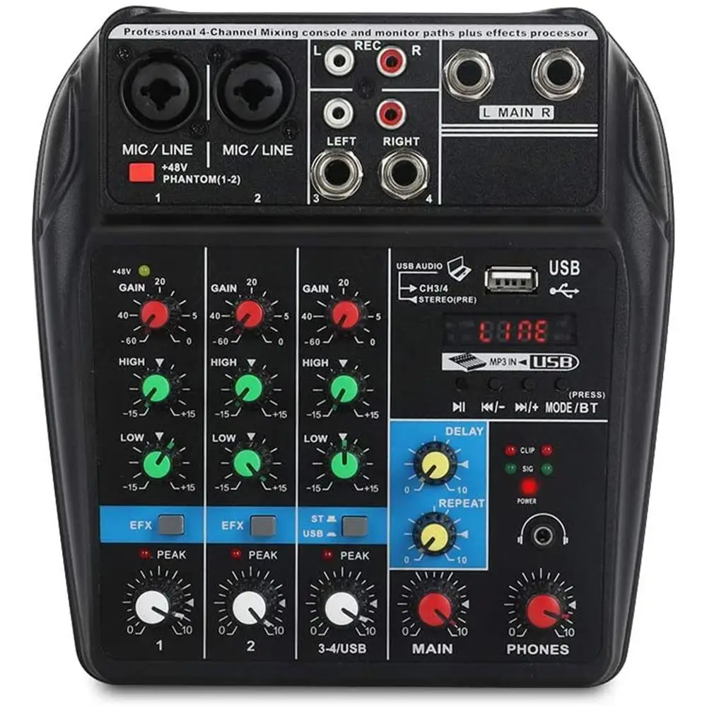 Customized A4 Sound Mixing Console USB Record Computer 48V Phantom Power Delay Repaeat Effect 4 Channels USB Audio Mixer