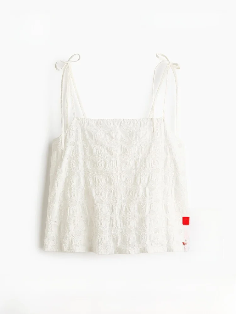 

H&M Summer New Women's Embroidered Woven Belted Top Square Collar Short Length Cotton Nylon Spandex Blend Fabric