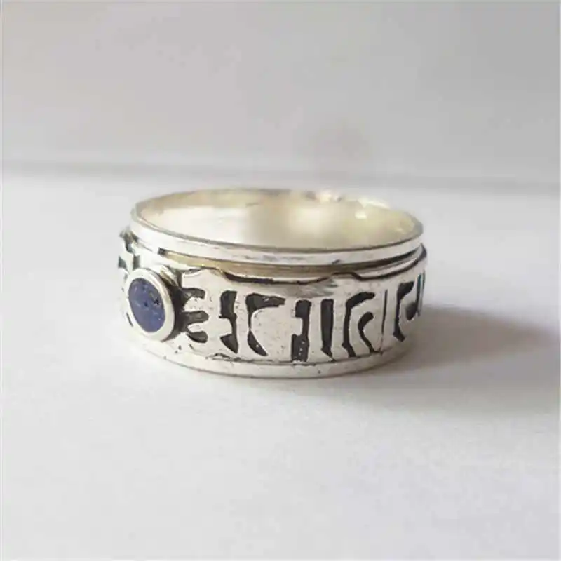 Tibetan Six Words Mantras Amulet Spin Lucky Rings White Metal Copper Ring OM MA NI PAD ME HUM R112