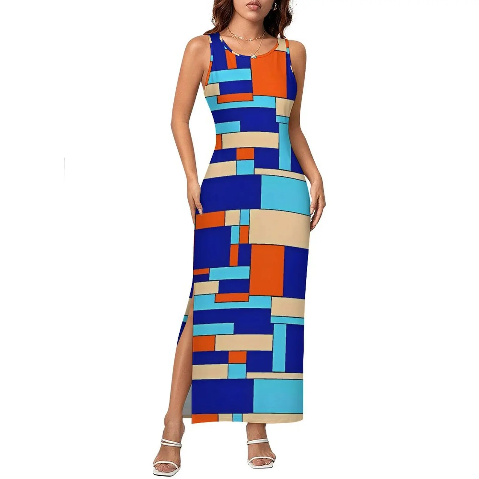 Women Bodycon Dress Vintage Contrast Color Maxi Dresses Summer Blue Cream and Orange Sleeveless Korean Fashion Design Dress