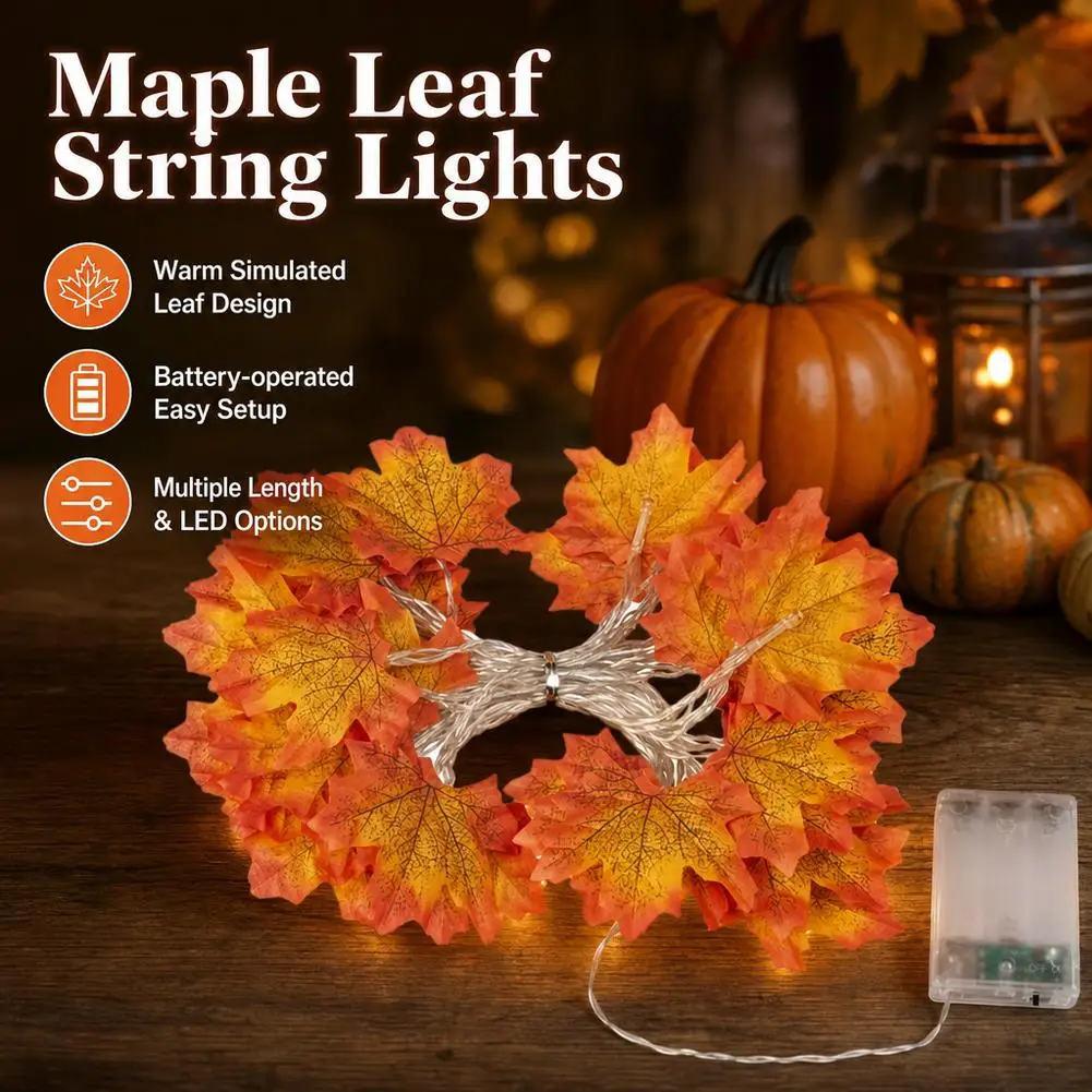 Autumn Maple Leaf LED String Lights AA Battery Operated Warm Orange Fall Garland Lights with Flashing Modes for Thanksgiving