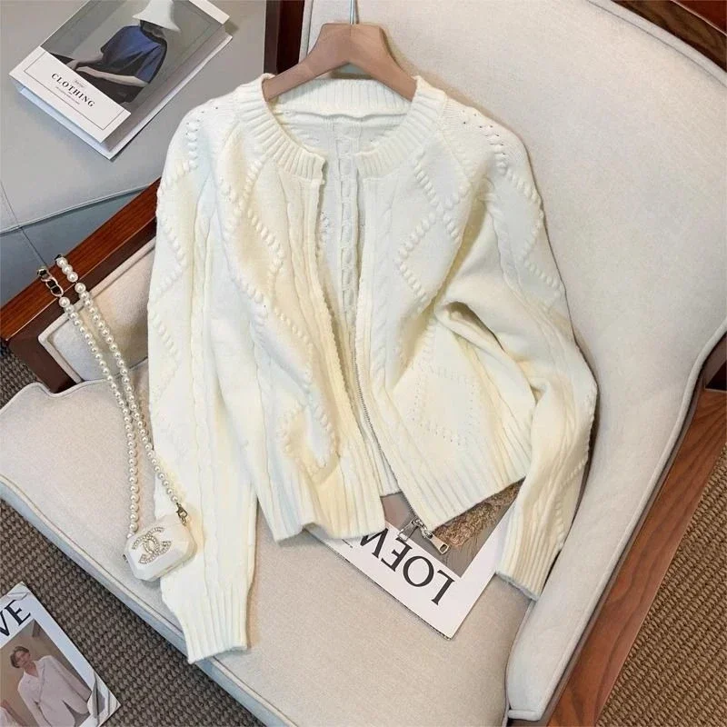 Double Zipper Round Neck Long Sleeves Cardigans Fried Dough Twists Knitting Design Cropped Cardigan 2026 Autumn New Sweater Coat