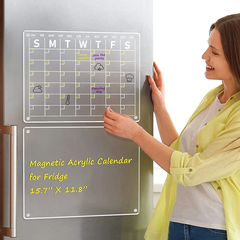2 PCS Transparent Acrylic Magnetic Calendar Board For Fridge, 16X12 Inch For Refrigerator With 4 Markers