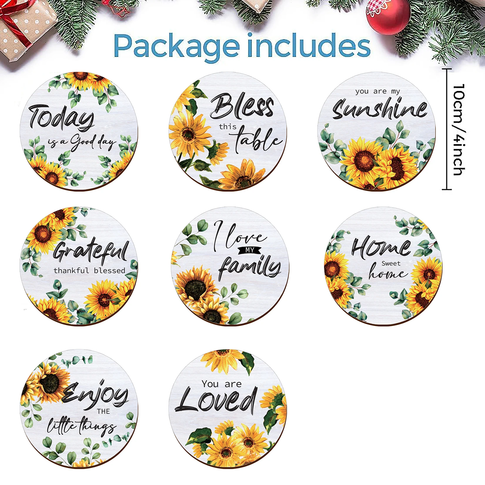 A set of 8-piece round coasters with sunflower theme patterns and wooden coasters is perfect for Thanksgiving and Christmas gift