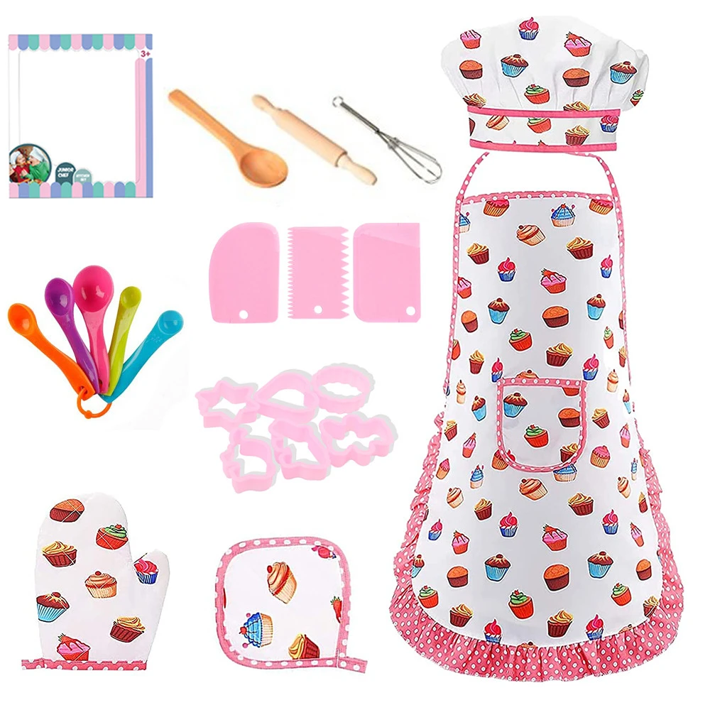 17Pcs Kids Cooking Apron Gloves Hat Set, Pink Easter Halloween, Child Chef Kitchen Baking Tool, Play House Toys, Eid Mubarak