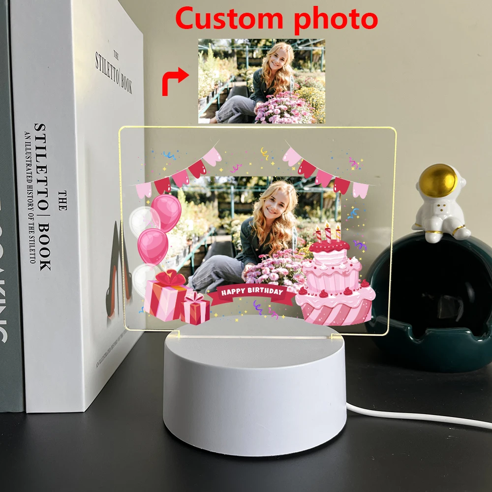 Luz de noche con foto personalizada para niños, lámpara de acrílico personalizada, Decoración de mesa de dormitorio, dulce feliz cumpleaños, regalo para niños, 1PC