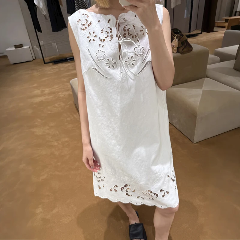 

Summer New Women's Simple White Hollow Embroidery Sleeveless Loose Midi Dress Cotton Casual Straight Cut Dresses
