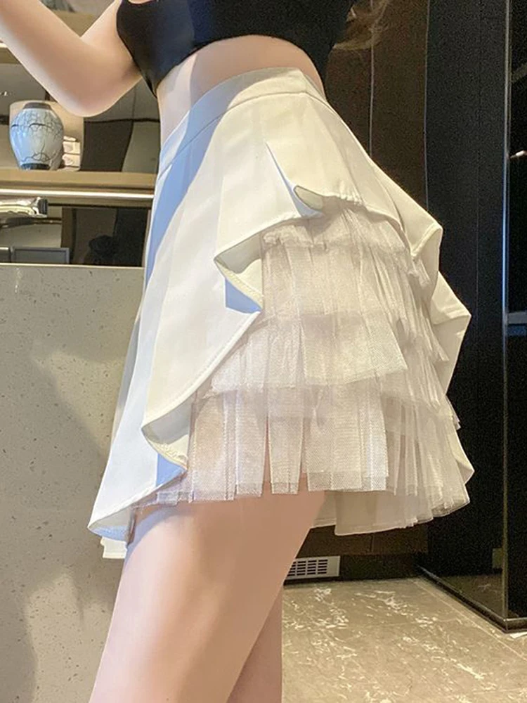 

Sexy Mesh Patchwork Pleated Skirt Women Fashion High Waist A Line Mini Skirt Korean Preppy Style Student Dance Skirt Summer