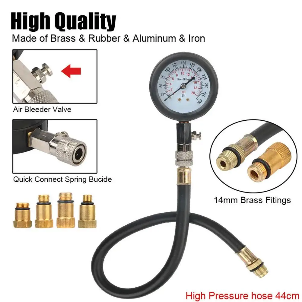 Car Cylinder Tester Kit Gasoline Engine Compression Meter 0-300 PSI Pressure Gauge With M10 M12 M14 M18 Car Repair Tools