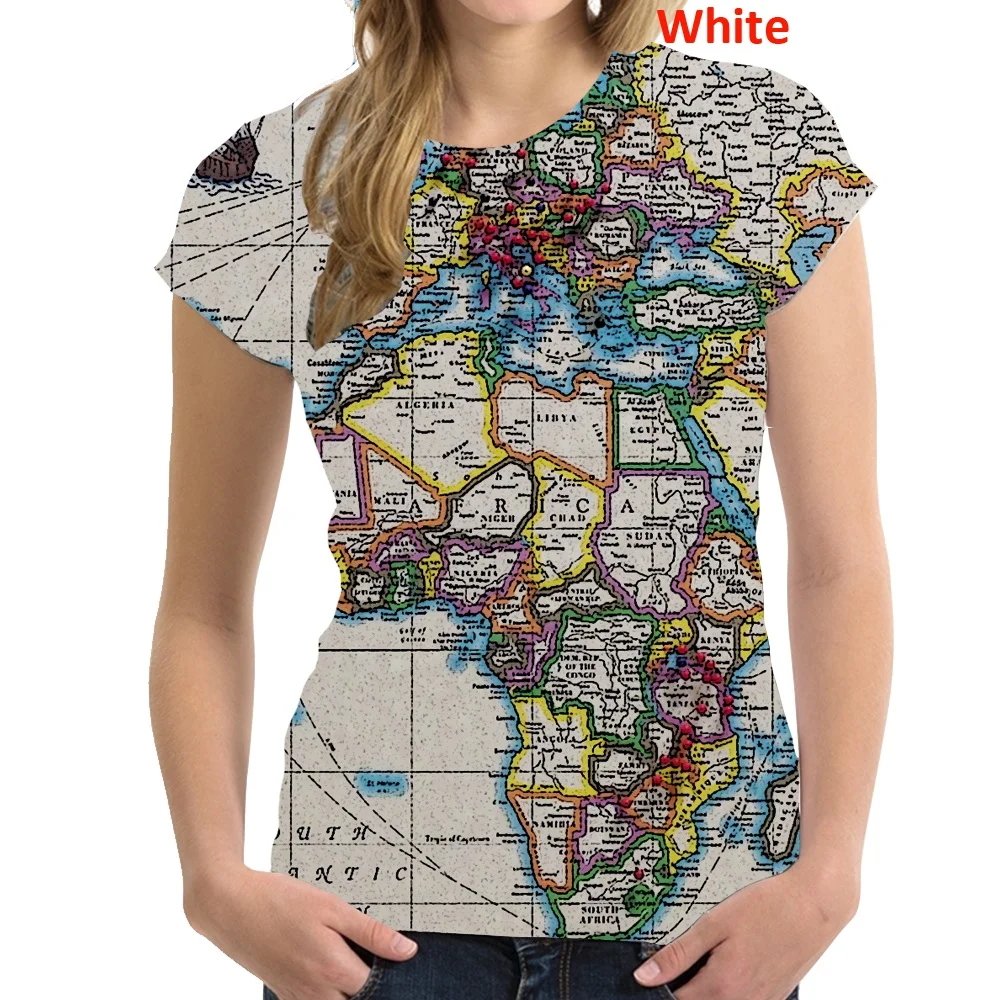 Women Fashion World Map 3d Printing T-shirt Funny Summer Tops Women\'s Short Sleeved Novelty T Shirt Round Neck Casual Blouse