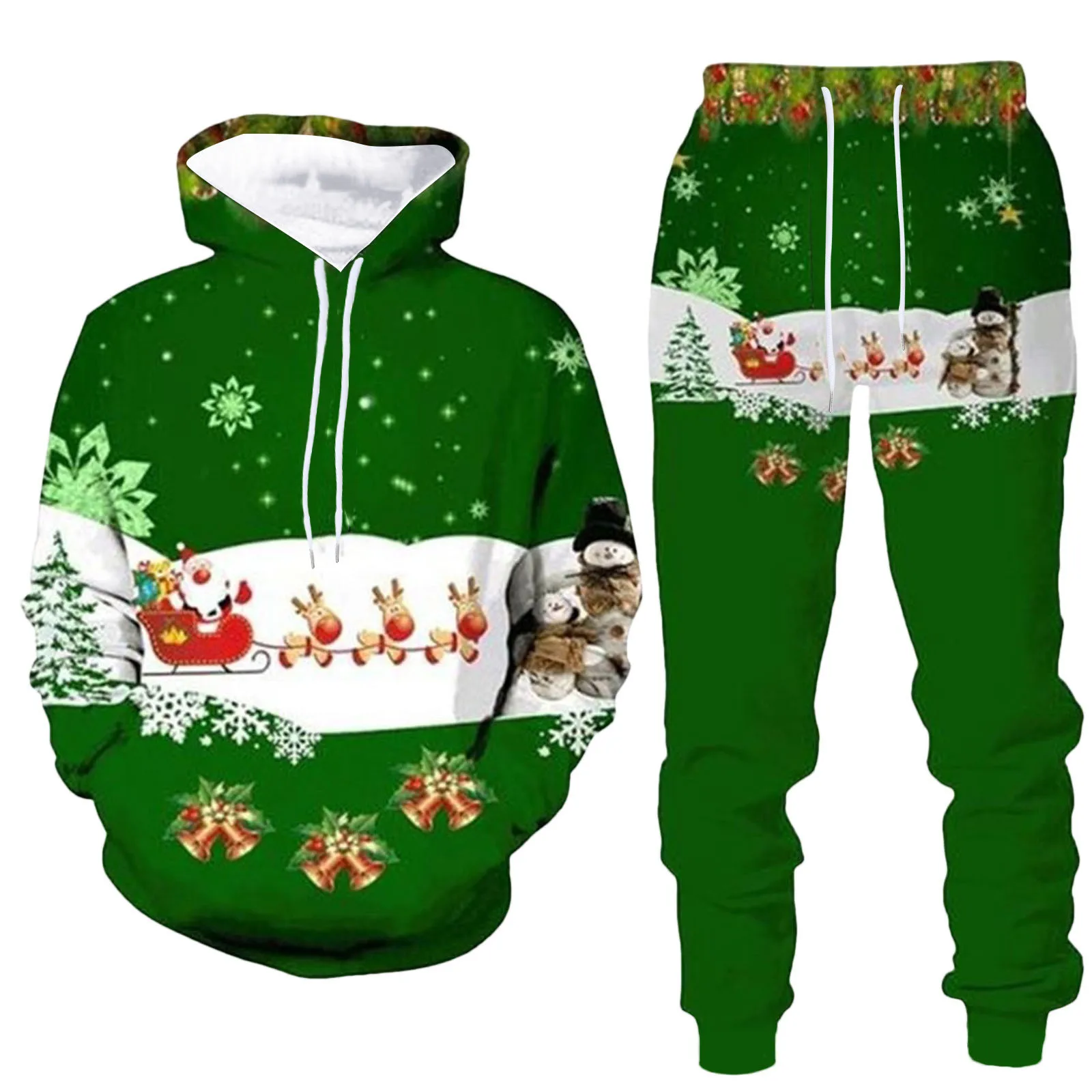 Christmas Men Hoodies Suit Cartoon Santa Claus Print Patchwork Hooded Sweatshirts+Jogger Running Baggy Harem Pant Sets Plus Size