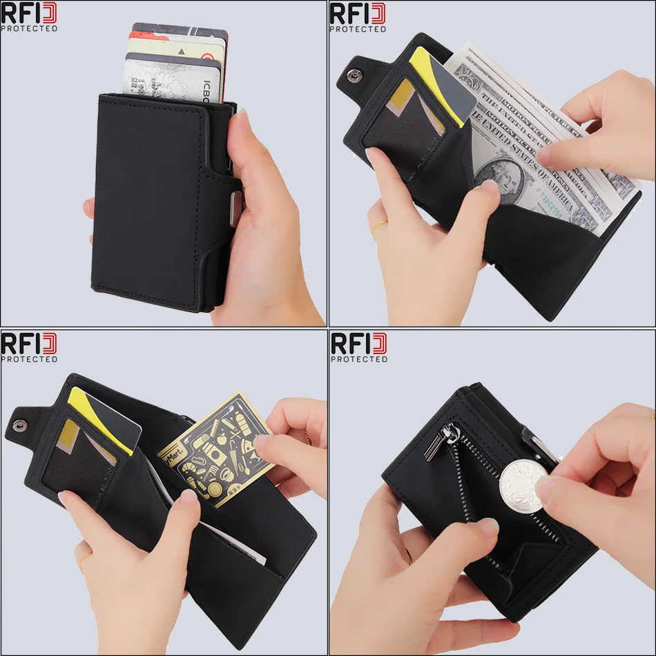 RFID Blocking Anti-Swipe Men's Wallet Genuine Leather Automatic Pop-Up Credit Card Holder with Coin Pocket Trendy Business Purse