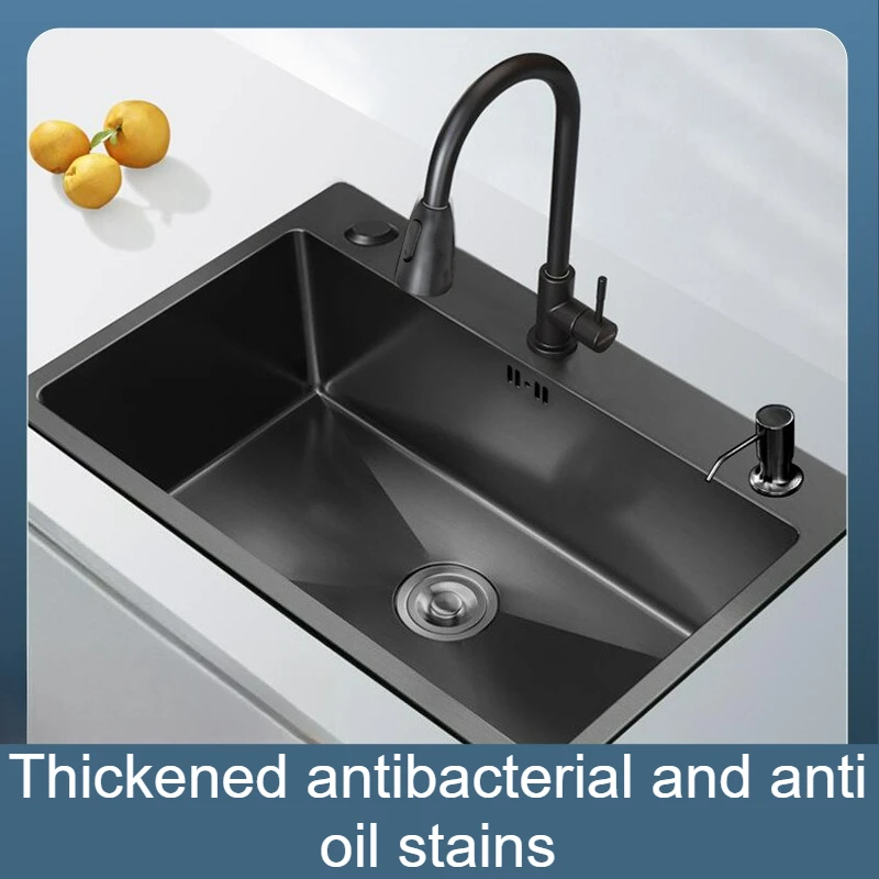 Black Stainless Steel Kitchen Sink Large Dishwasher Pool Single Basin 3 Hole Undermount Modern Home Dish Drainer Multifunctional