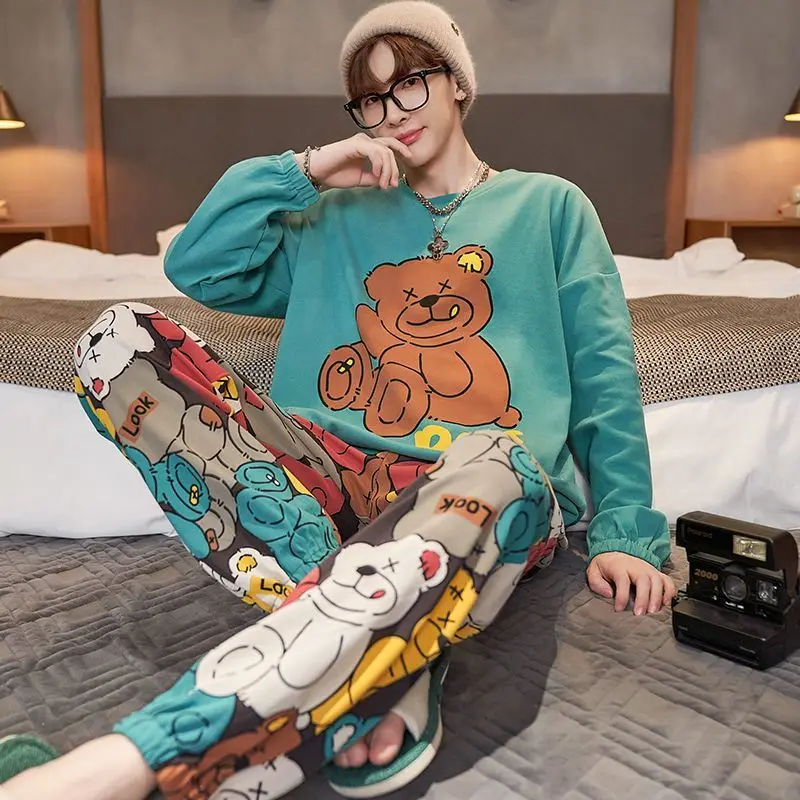 Pajamas  Cotton Spring and Autumn Long Sleeve Large Size Loose Can Be Worn Outside All Cotton New Style Teenager A Loungewear