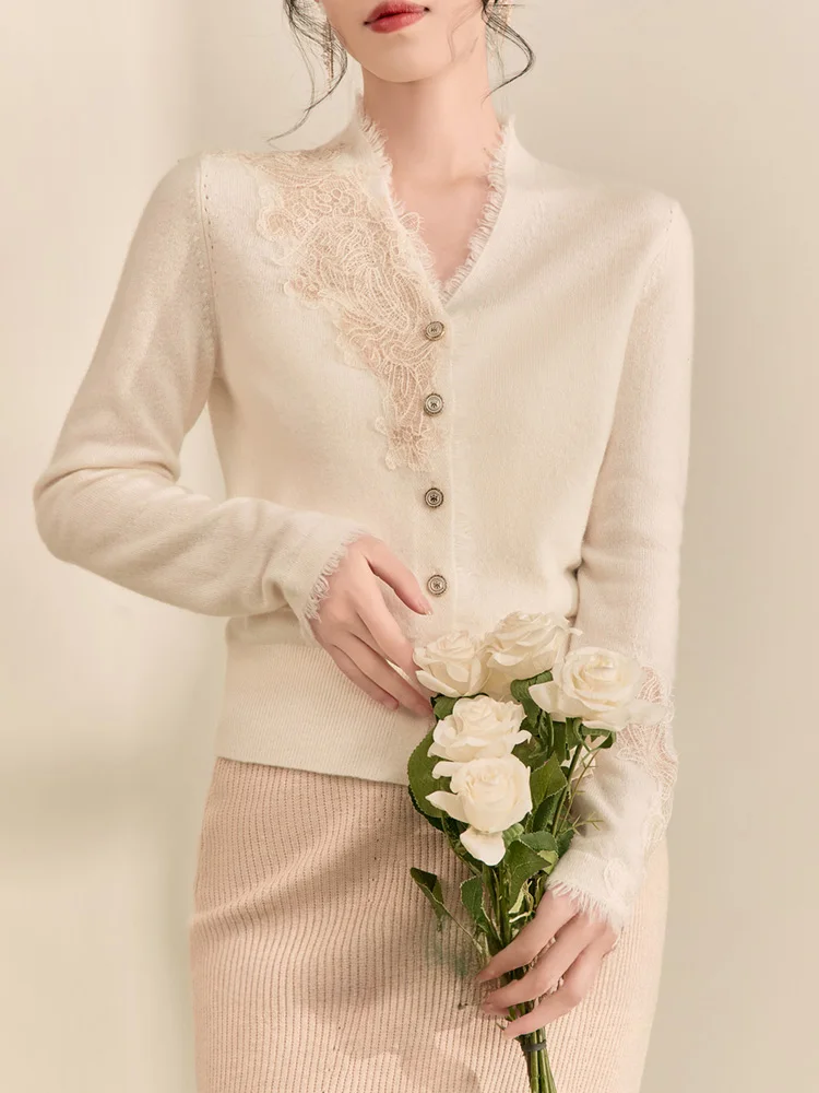 Elegant Lace V-Neck Cardigan for Women White, Slim Fit
