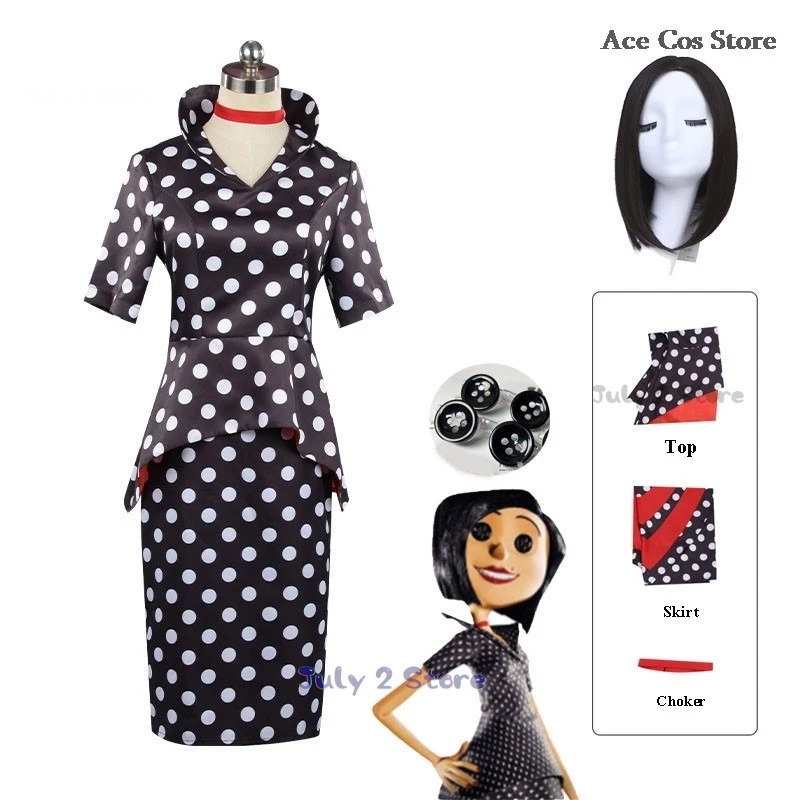 Horror Fairytale Movies Coraline Mother Cosplay Costume Wig Polka Dress Secret Button Eyes Halloween Party Scary Roleplay Suit