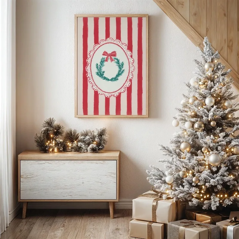 Red White Striped Christmas Wreath Wall Art Print Cute Bow Vintage Festive Holiday Decor Cozy Xmas Living Room Unframed Canvas