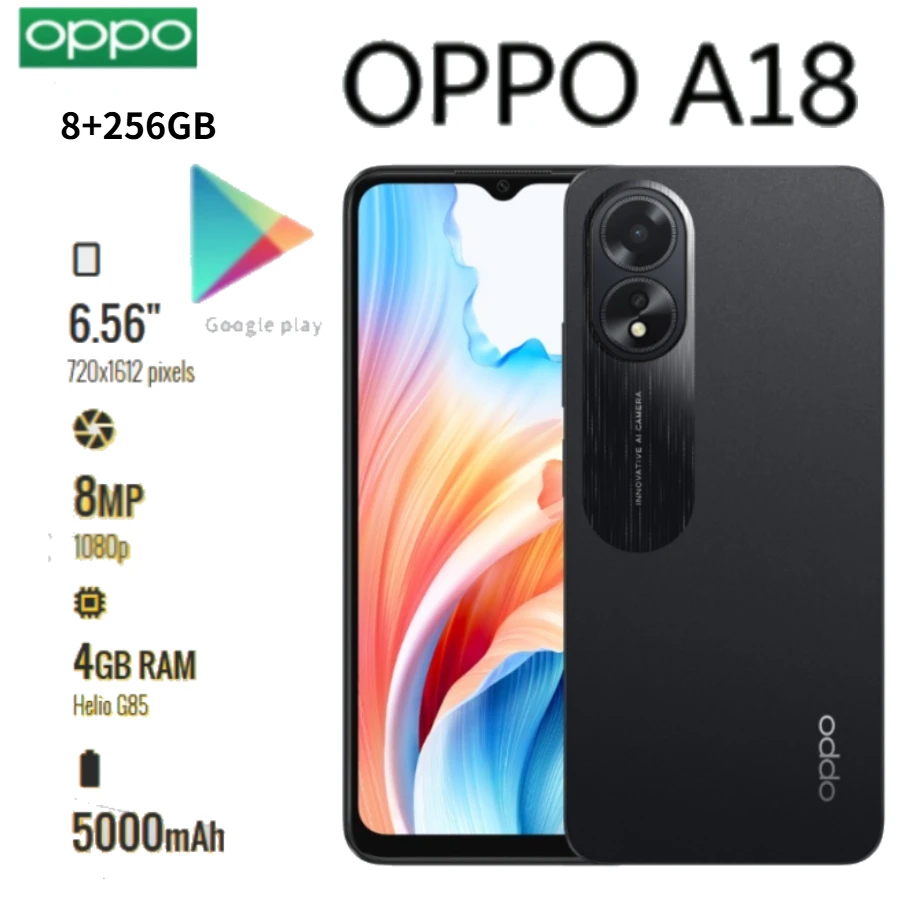 2026 Global Edition OPPO A18 4G Smartphone, 6.56-inch 90Hz display, 8+256GB storage, 5,000mAh battery, 15W fast charging