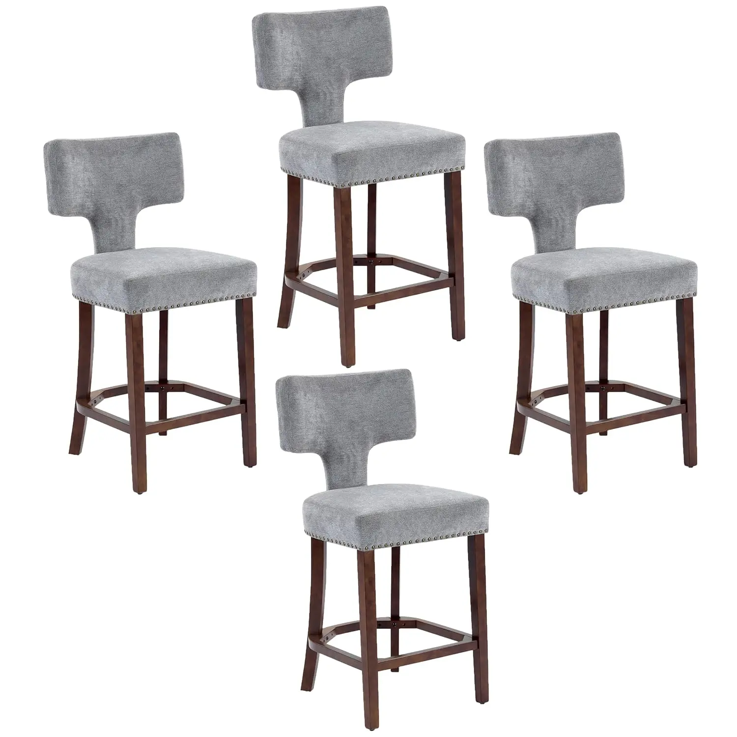 

Gray Linen Upholstered Bar Stools Set 4 Curved Back Copper Nail Trim Solid Wood Frame Kitchen Breakfast Bar Customized