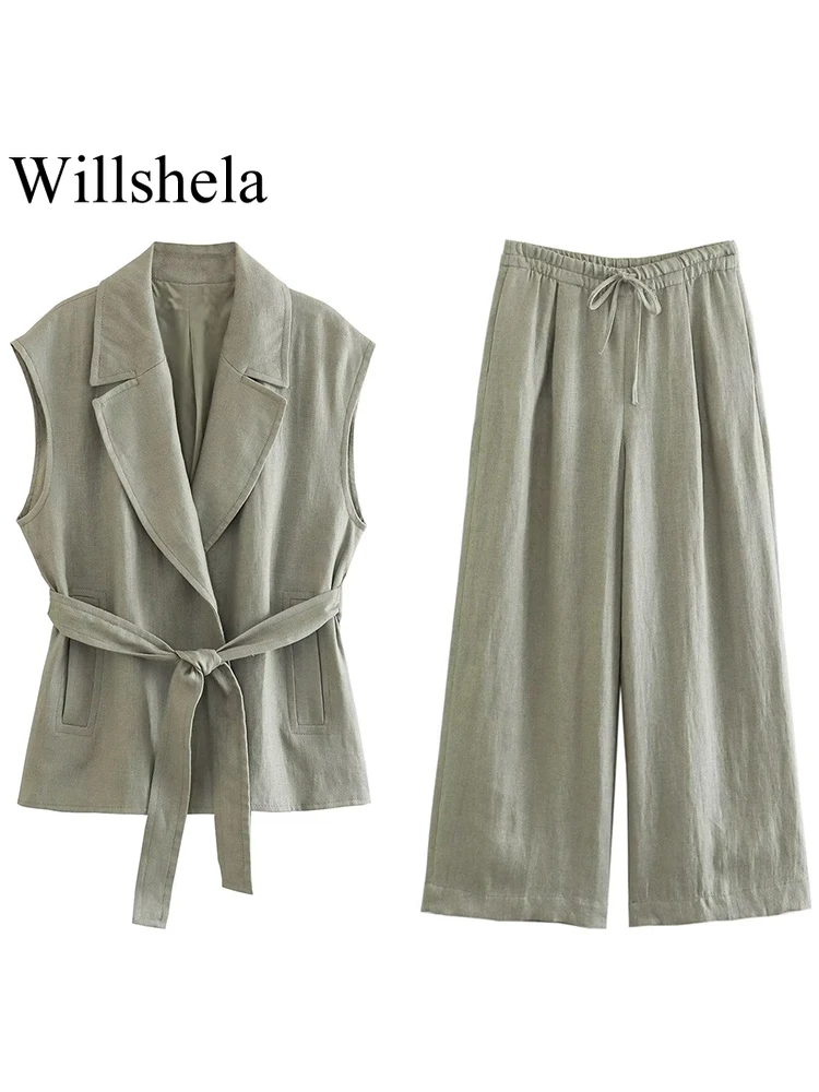 Willshela Women Fashion Two Piece Set Solid V-Neck Single Breasted Tank Tops & Vintage Straight Leg Pants Female Chic Pants Suit