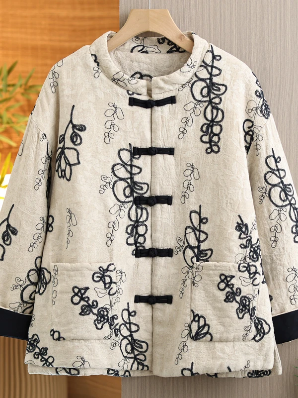 

Warm Cotton Jaet for Women Chinese Sle Button Design Loose Fit Medium Length New Arrival Winter Season Faionable Women'...