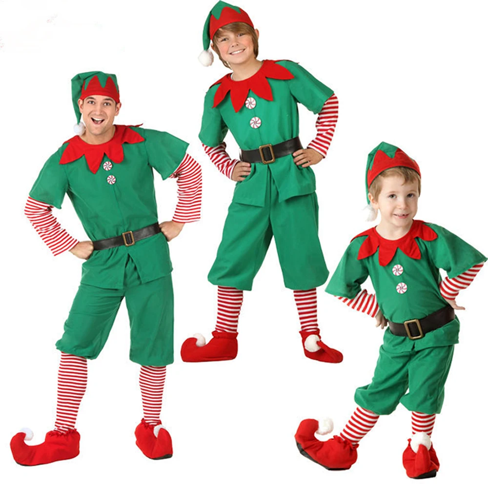 Parent Children Cosplay Chrismas Elf Costumes Outfits with Hat Shoe Covers Christmas Eve New Year Party Dress Up Clothes