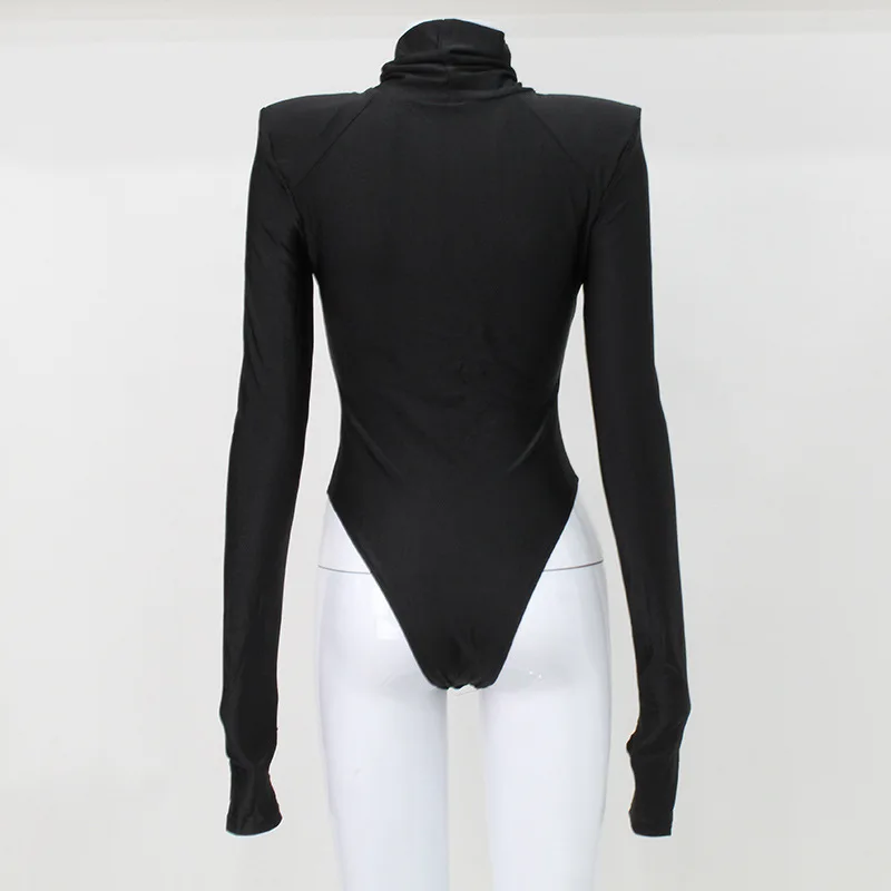 Ropa de mujer hombreras Simple cuello alto mangas largas Sexy Slim Fit Color sólido moda versátil mono al por mayor