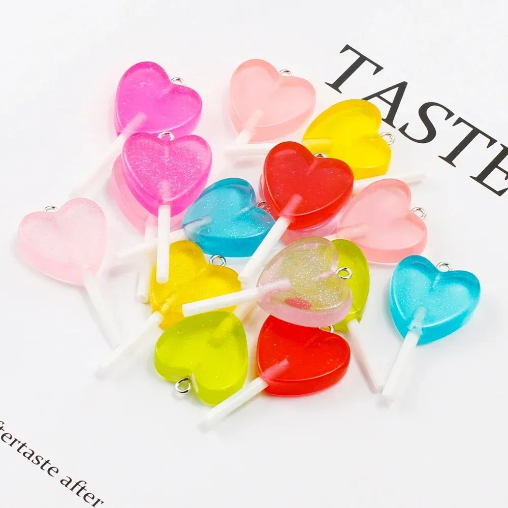 10Pcs Kawaii Sparkly Heart Lollipop Resin Charms Glitter Candy Pendants Handcraft Ornaments For Earrings Keychain Making view 3