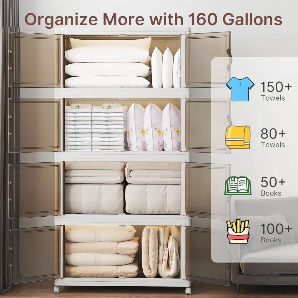 صناديق تخزين قابلة للتكديس ذات سعة كبيرة مع أغطية وعجلات وأبواب، 640-160 كوارت/40 جالون، 4 عبوات من منظمات خزانة قابلة للطي