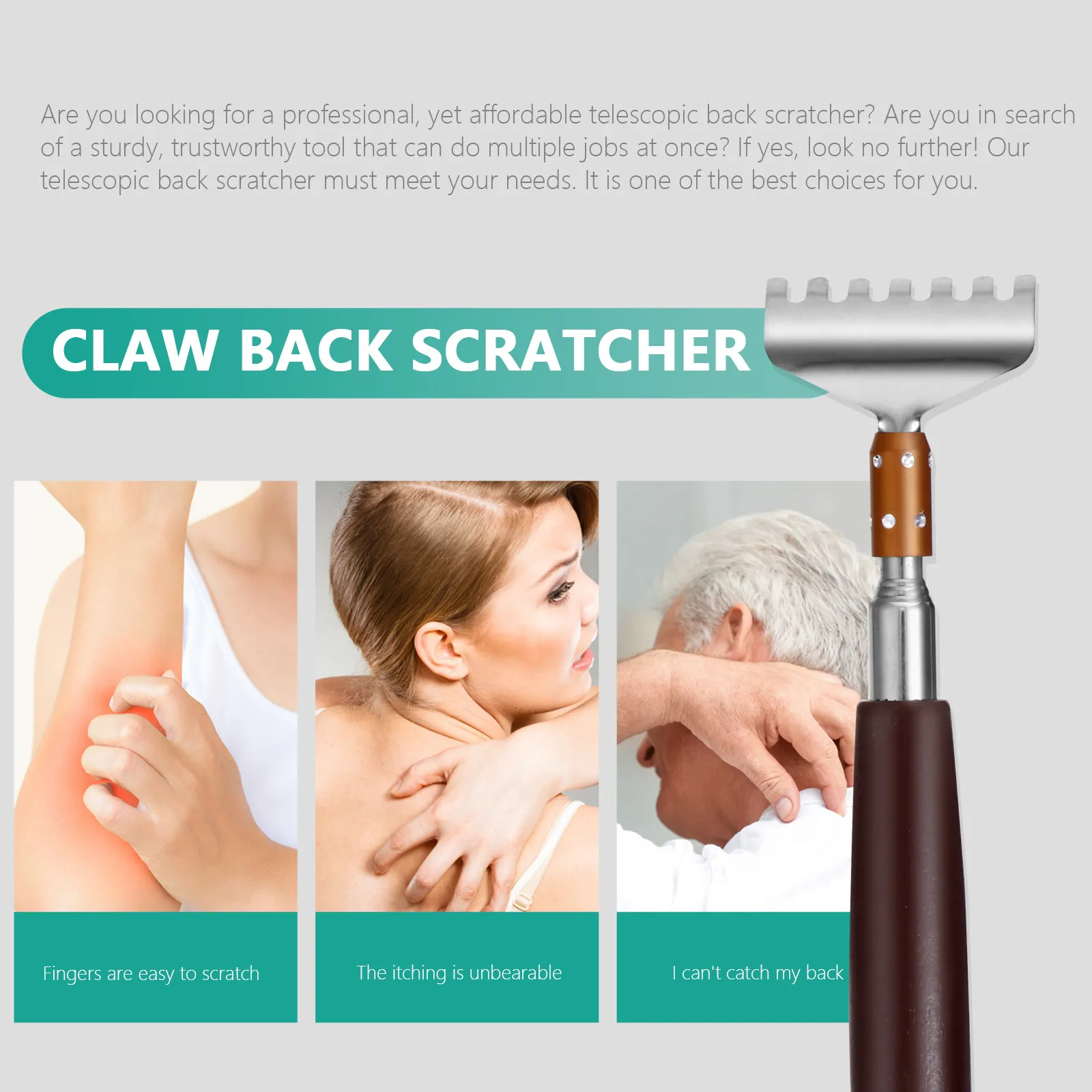 Back Scratcher Telescoping Extendable Long Wooden Handle Itch Relief Massager Tool Stainless Steel Body Scratcher Retractable view 6