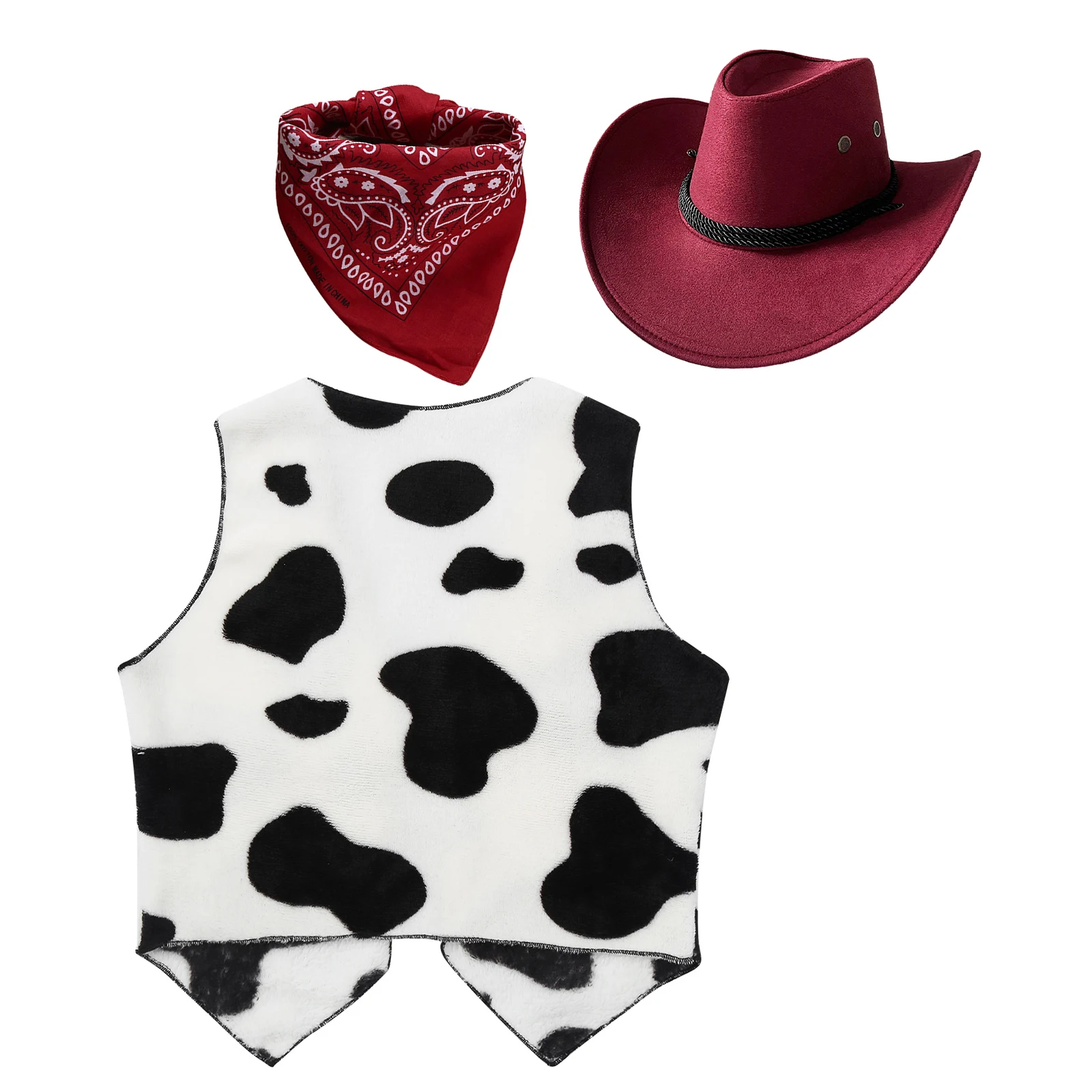 Halloween Cosplay Cowboy Cowgirl Costume Boys Girls Flannel Cow Printed Waistcoat Vest Tops with Bandanna Hat Set Fancy Clothes