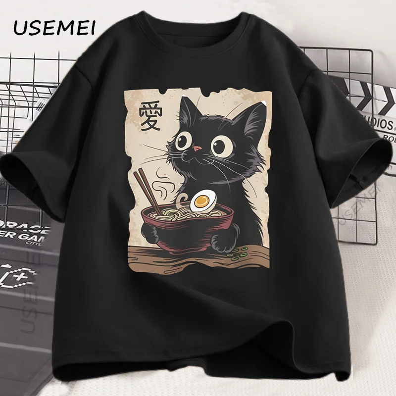 Funny Cat Ramen T-shirt Graphic Tee Japanese Kawaii Anime Cat Graphic T Shirts Men Women Casual Short Sleeve Cotton Tee Shirt image 3