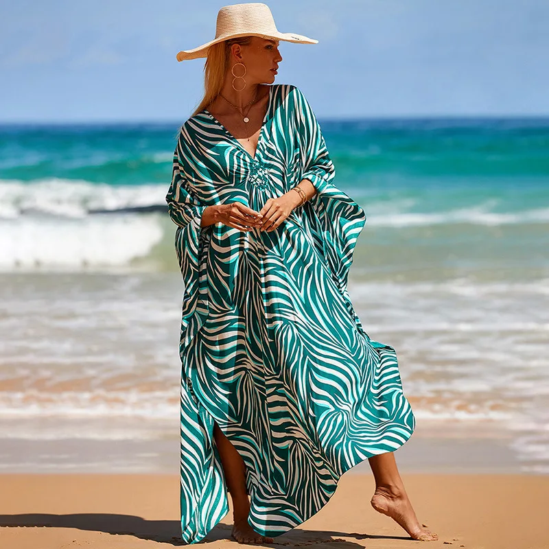 Vestidos caftán de talla grande de 133cm de longitud para mujer, vestido caftán de traje de baño con cuello ondulado, vestido de playa largo de talla grande