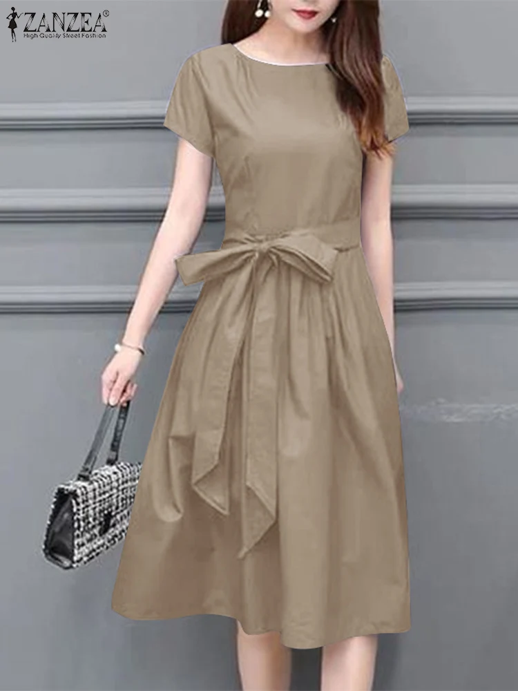 

ZANZEA Tied Waist Fashion Midi Dress Short Sleeve A-line OL Work Summer Sundress Casual Solid Color Women Elegant Party Vestidos