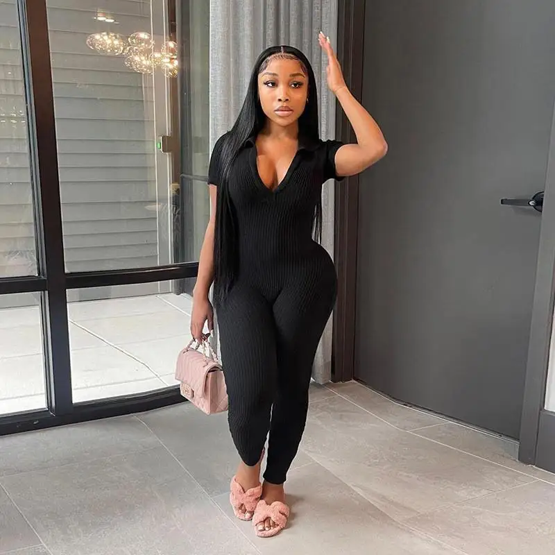Spring 2024 Women's Slim Fit Short Sleeve Low Collar High Waist Jumpsuit Long Pants Cross Border Fashion Casual Pants