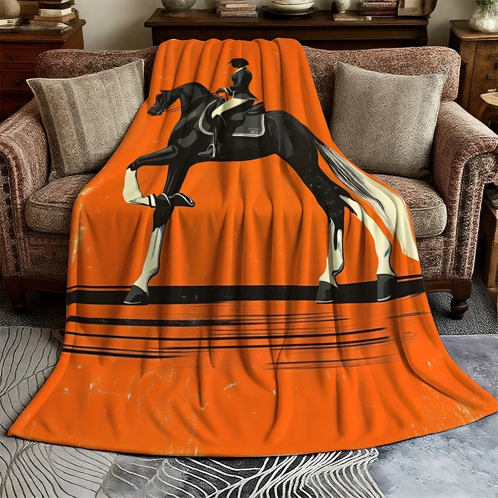 Orange Horse Print Throw Blanket for Sofa Couch Decoration Equestrian Animal Lover Cozy Living Room Lap Blanket Decor Gift - view 2