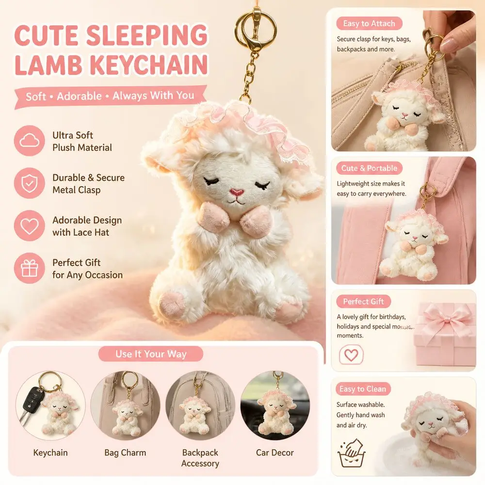 Soft Lamb Keychain Polyester Filling Curly Fur Sheep Doll Lobster Clasp Sleeping Expression Sheep Bag Charm Key Accessories