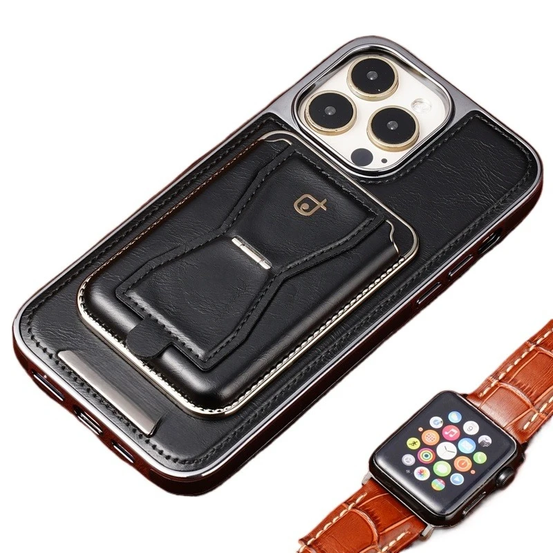 

Applicable to Apple 16promax real leather magnetic card bag bracket mobile phone case 16pro high-end business