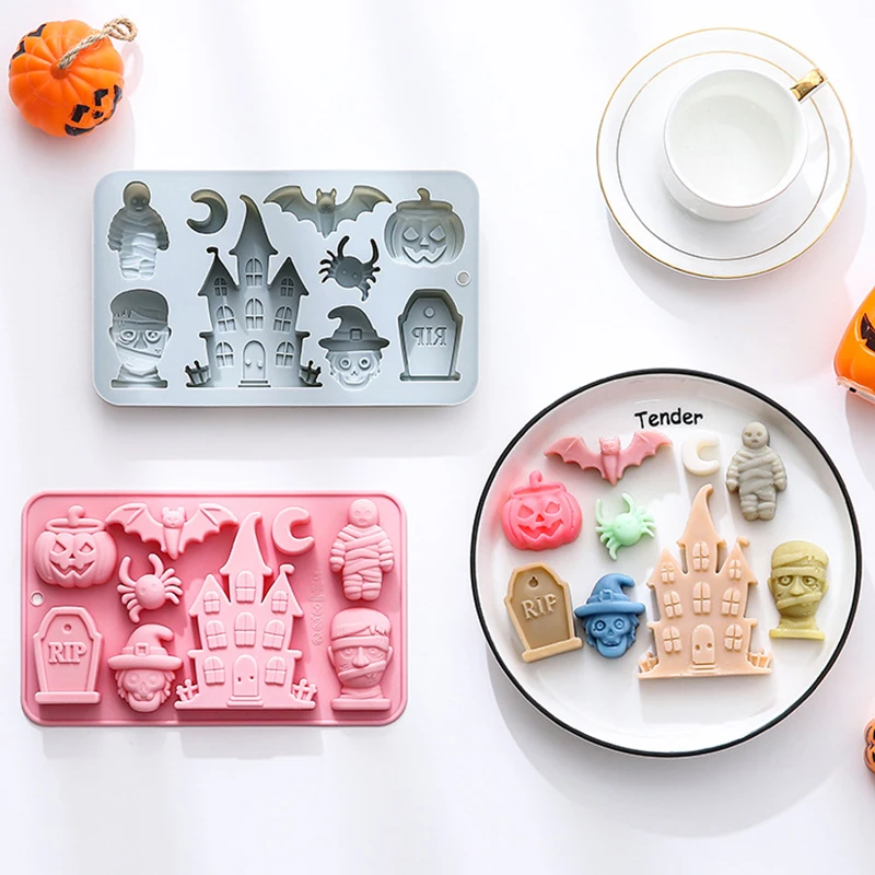 Halloween Silicone Mold Ghosts Pumpkins Bats Haunted Houses Tombstones Baking Mold Chocolate Cakes Soaps Cookies Decor