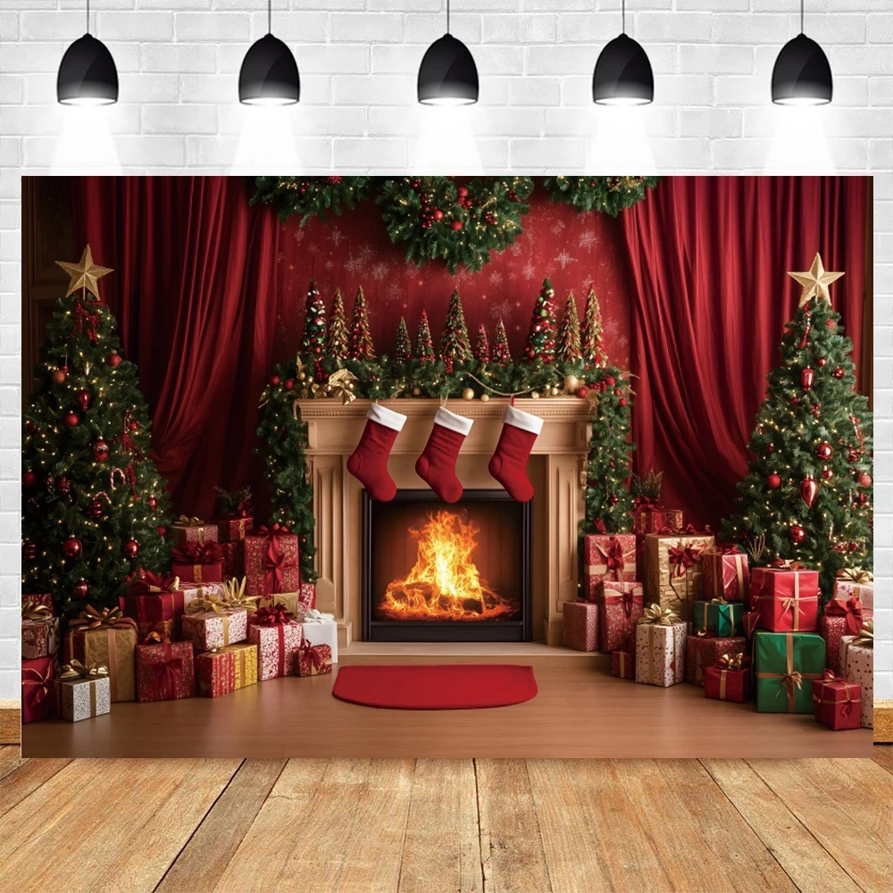 Red Christmas Fireplace Photography Backdrop Window Wreath Xmas Tree New Year Family Party Decoration Portrait Background Props