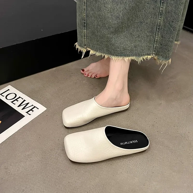 Square Toe Loafers Shoes Woman 2024 Slippers Flat Female Mule Low Pantofle Luxury Slides Cover Mules New Summer Designer Soft Re