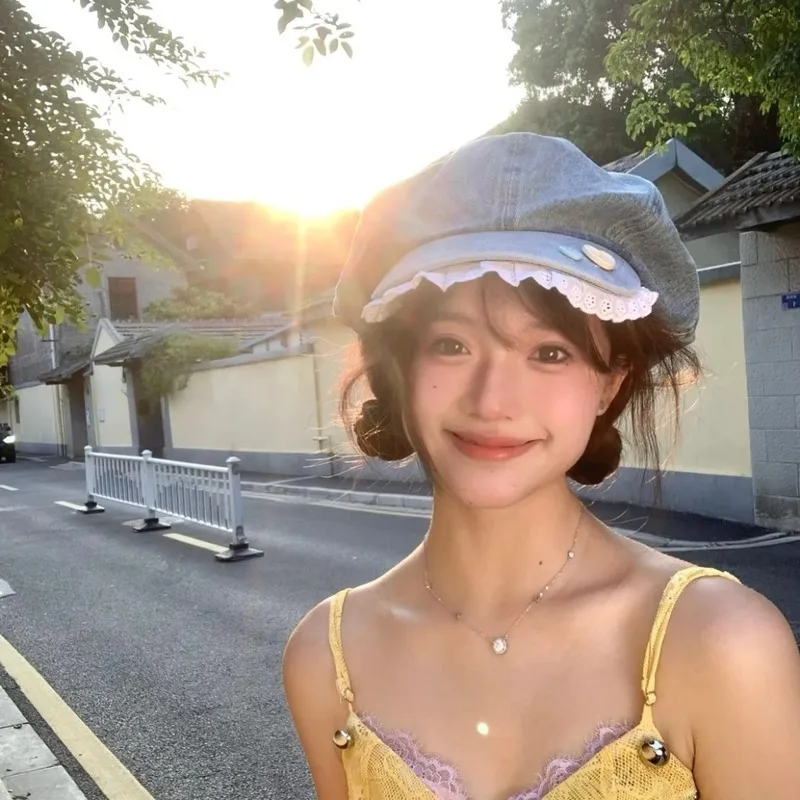Button Lace Edge Washed Denim Beret Women's Summer Korean Style Versatile Face Enhancing Small Cloud Hat Octagonal Hat