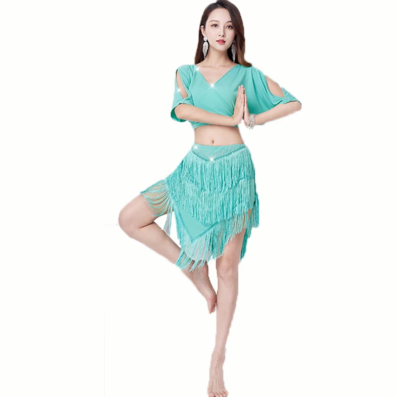 New Belly Dance Performance Set V-neck Short Sleeves Top+Sexy Tassel Skirt Suit Women Oriental Dance Hot Diamond Practice Outfit