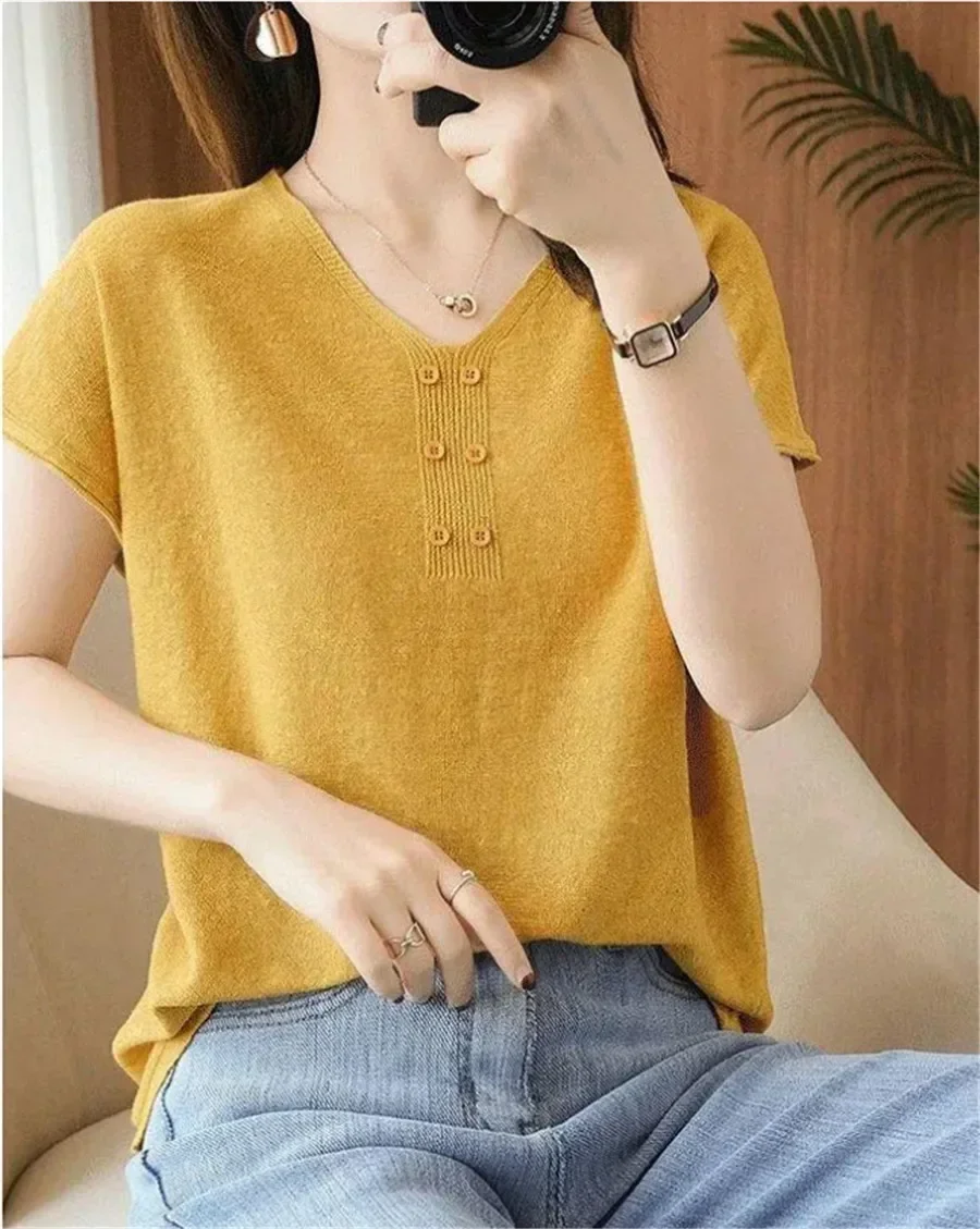 2023 Sommer Kurzarm Top Neue Frauen Kaschmir Pullover Koreanische Mode Pullover Kurzarm Pullover T-Shirt Frauen T-Shirt 6986