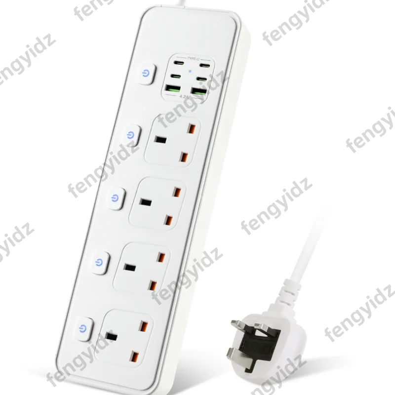 Steckdosenleiste mit UK-Stecker und 4 AC-Steckdosen, USB-Typ-C-Anschluss, unabhängige schaltergesteuerte Steckdose, Überspannungsschutz für 2 m Kabel
