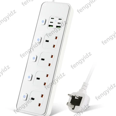 UK plug power strip with 4 AC sockets USB Type-C port independent switch controlled power socket 2m cable surge protector