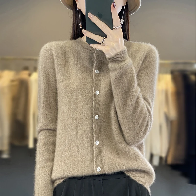 New Autumn Winter Cashmere Sweater Women 100% Merino Wool Sweater Round Neck Cardigan Casual Lace Up Knitted Clothing Tops